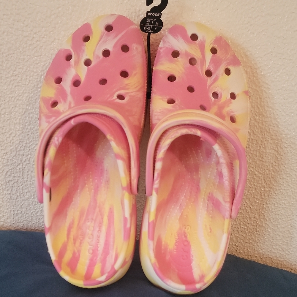 CROCS Pink Yellow Marble Classic Clog Mules